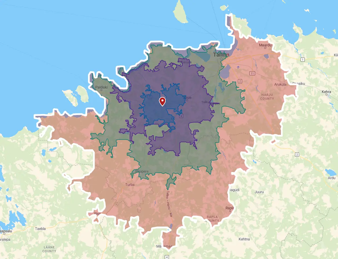 PingeProffi teeninduspiirkonna tsoonikaart, Keila ja Harjumaa